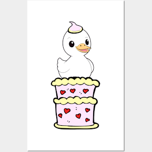 Funny duck jumping out of a cake Posters and Art